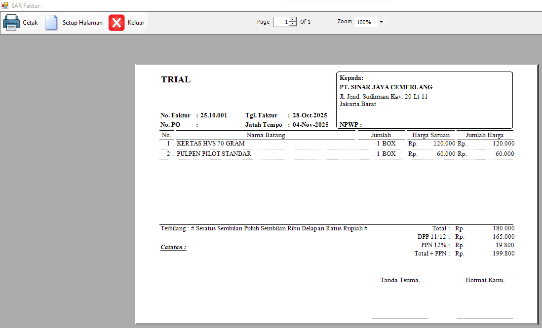 Cetak Faktur dengan PPN